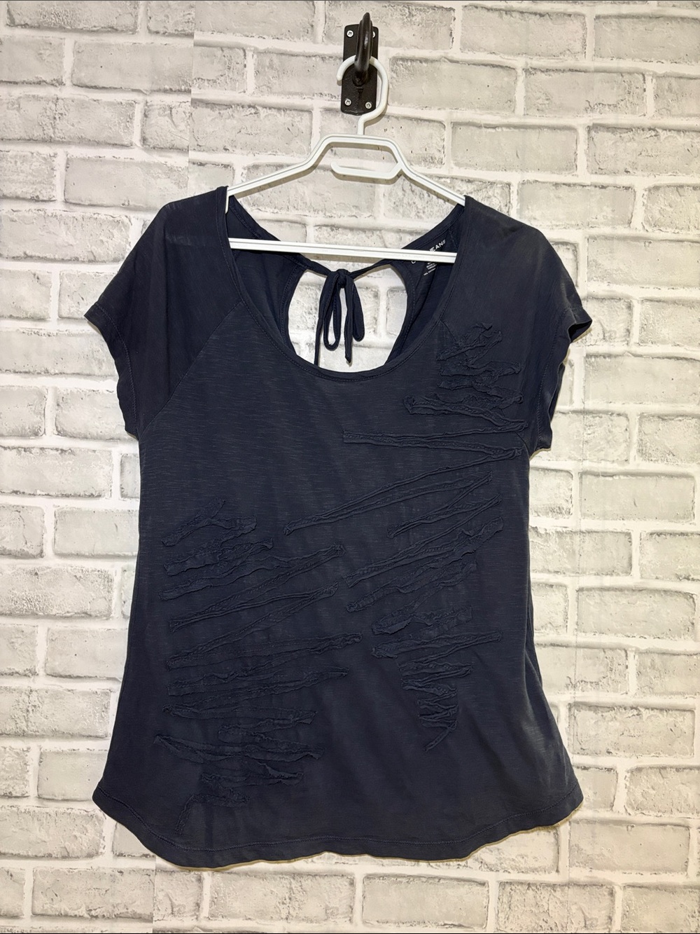 DKNY Navy Short Sleeve Scoop Neck Tee with Back Tie Detail, small